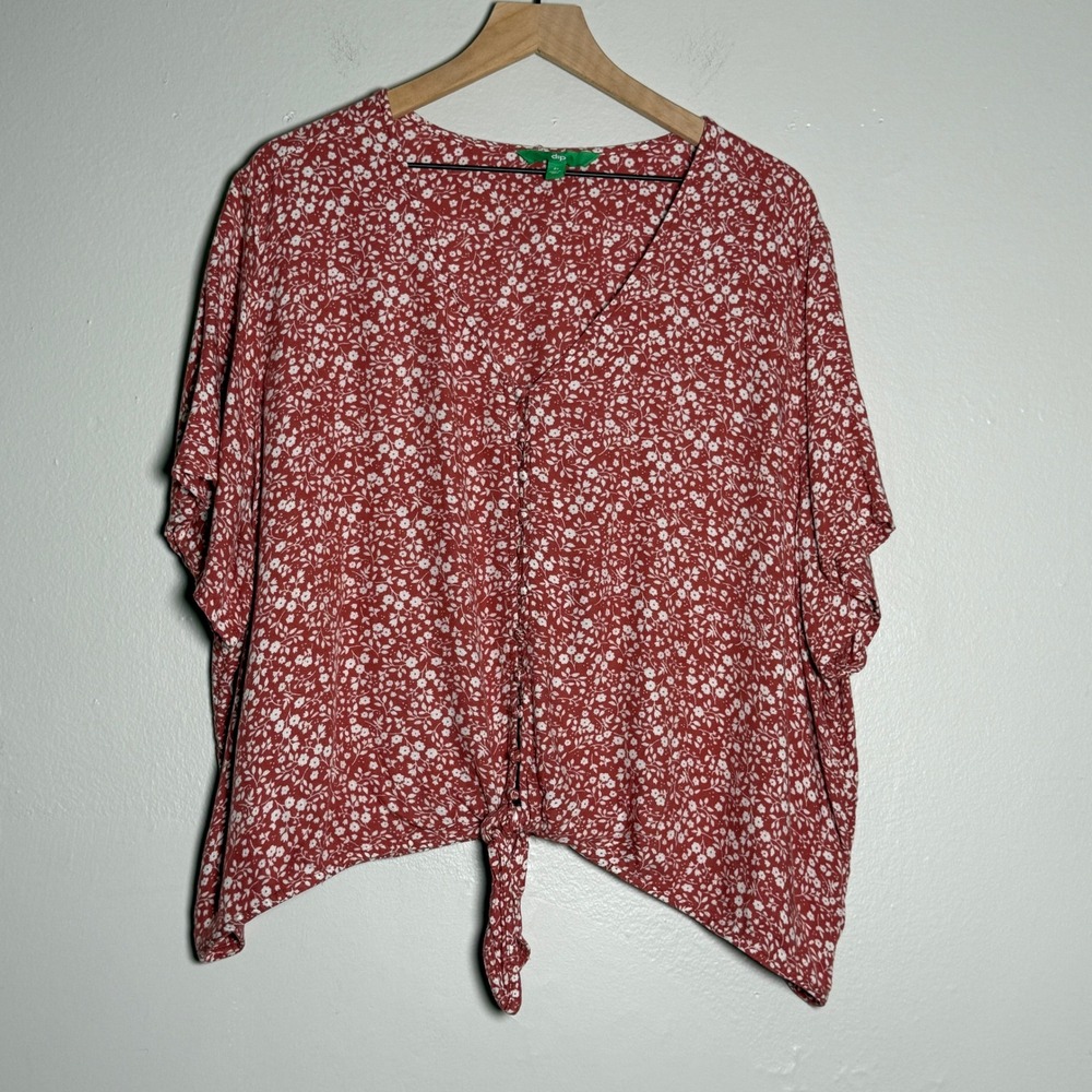 Dip Womens Button Up Top 3X Red White Floral Crop Tie Waist Flowy Peasant
